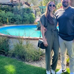 XXS olive Mango jumpsuit worn 1x. Tied around waist, cargo pocket details.